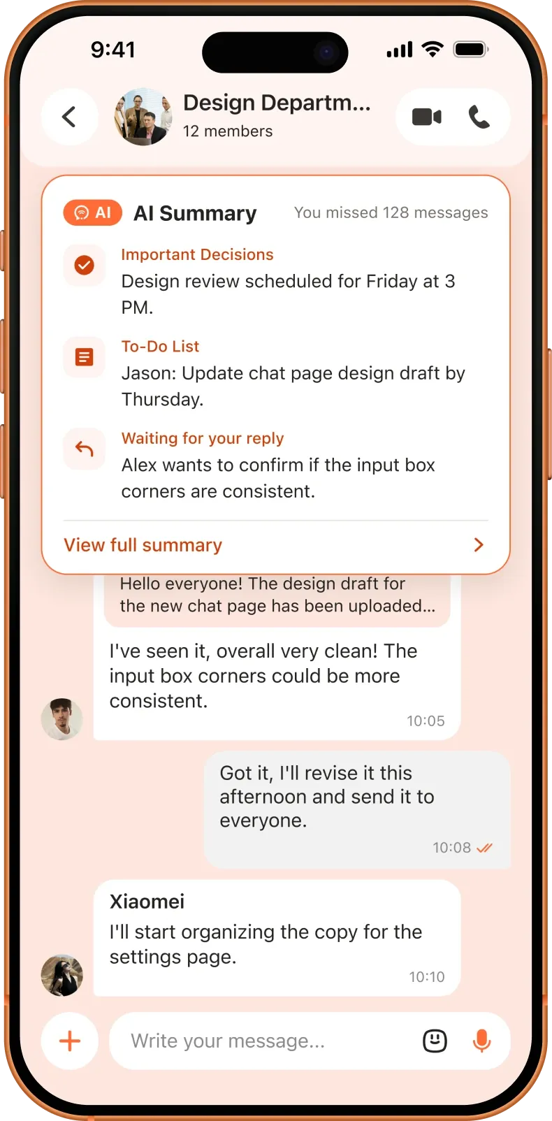 AI summary in a group chat: key decisions, to-dos and replies waiting for you