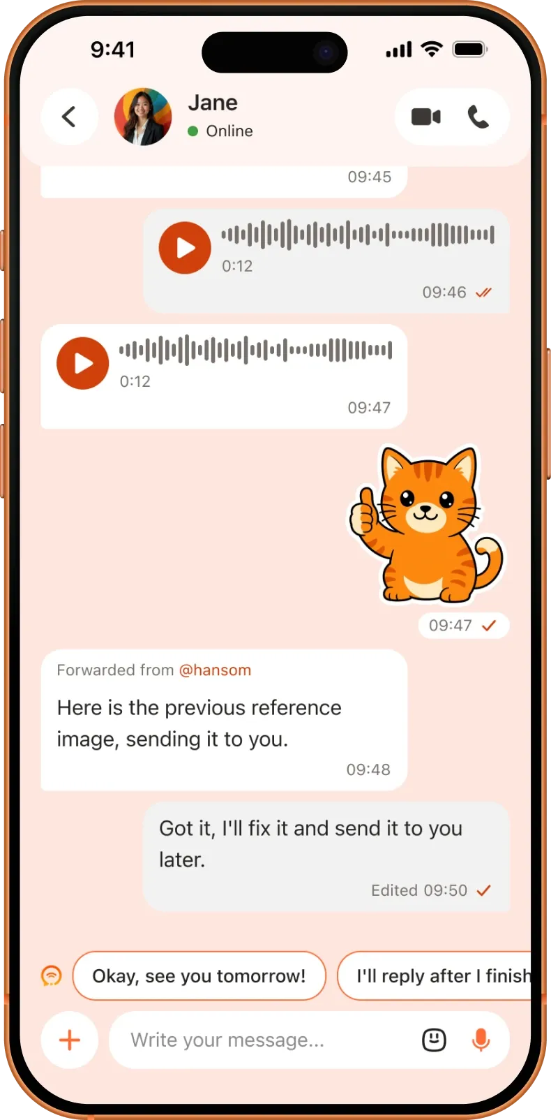 One-to-one chat with files, voice messages and smart quick replies
