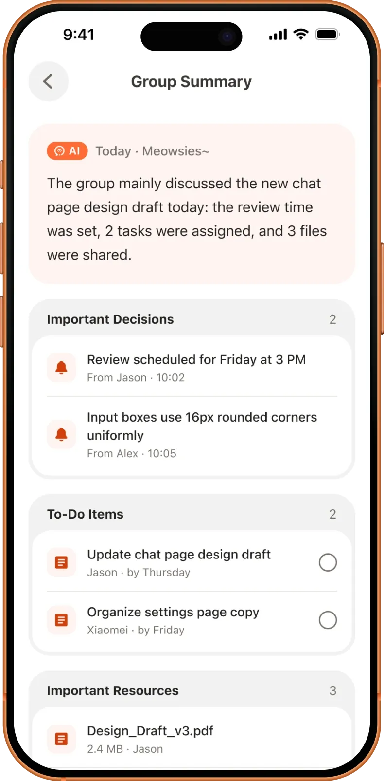 Group summary screen: an AI overview of the day, key decisions, to-dos and shared files